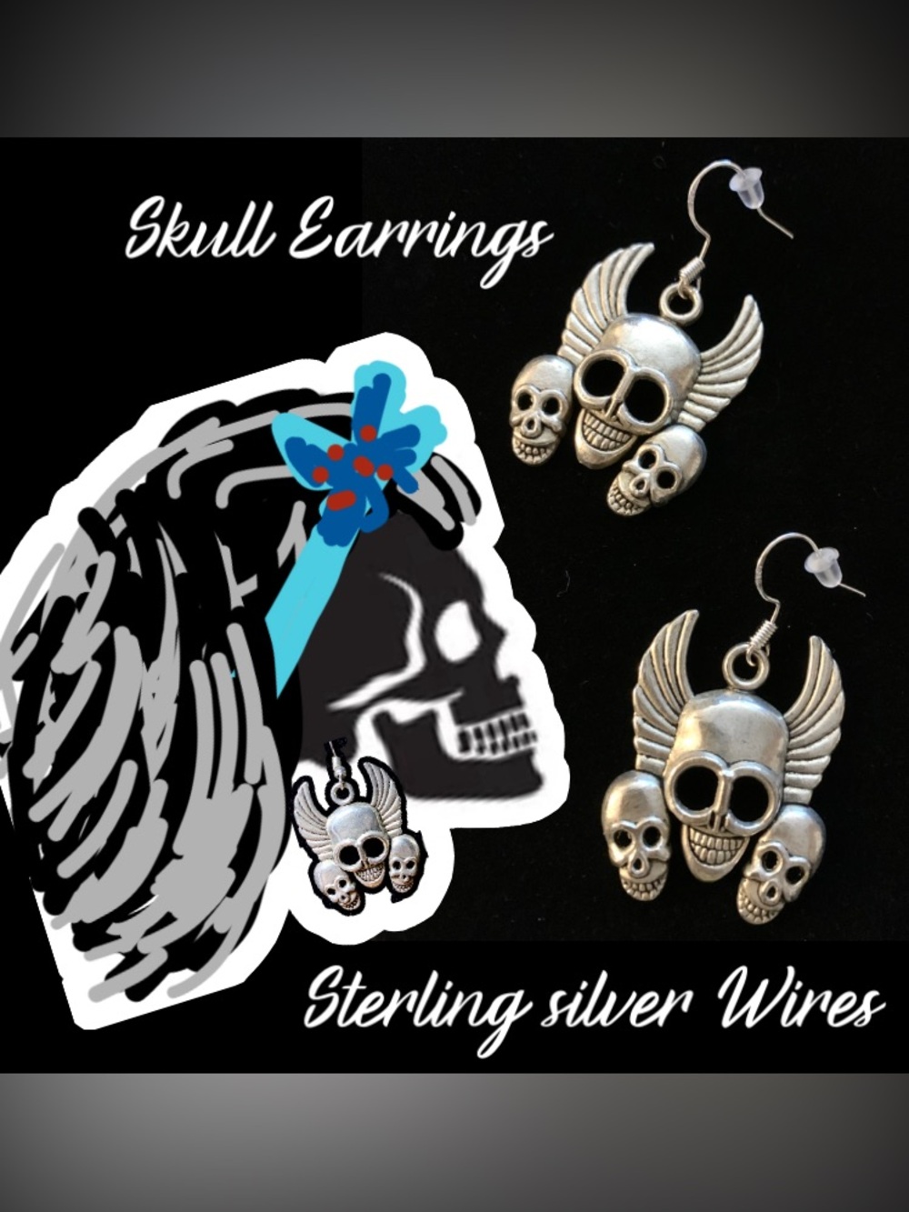 Winged Skull Drop Earrings - Sterling Silver Wires